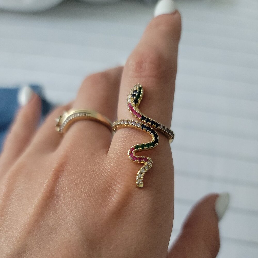 Neiman Marcus Gold Snake Ring with Black, Pink, Green and Clear Stones